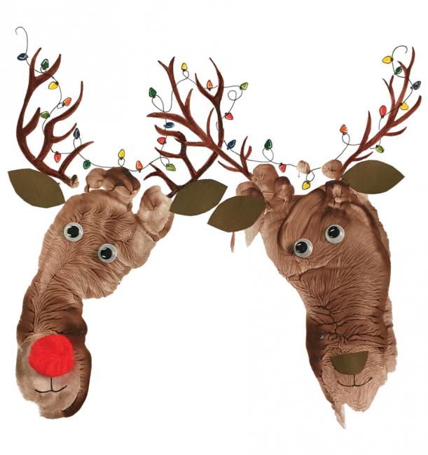 A painting by Raphaela of two Reindeer heads, one is Rudolph with a red nose