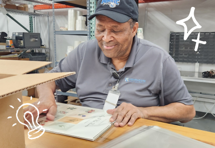 1k A man sits at a worktable smiling as he labels or organizes items in a warehouse.