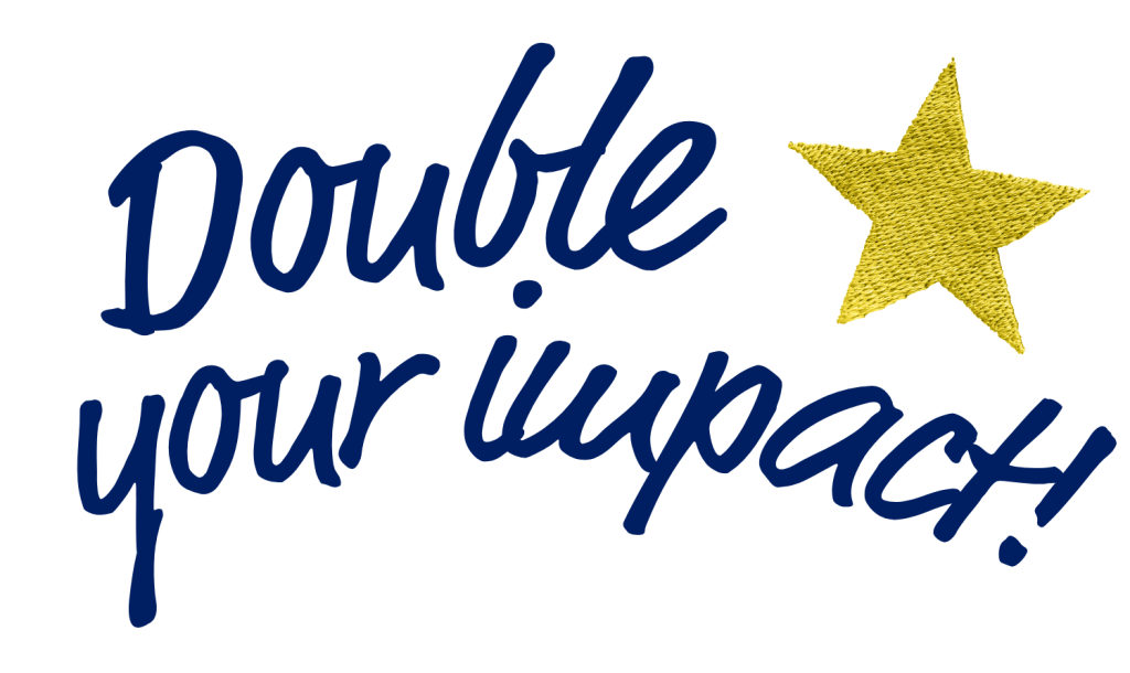 4 Text graphic reading “Double your impact!” in script lettering with an embroidered-style star accent.