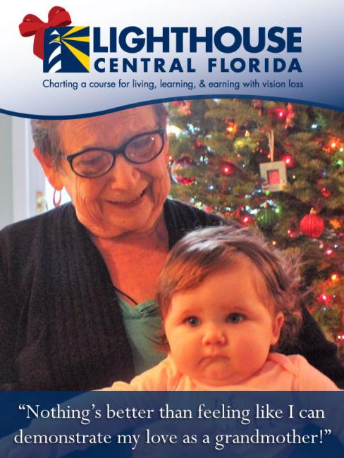 Lighthouse client Esther posing for a picture with her granddaughter Maci in front of a Christmas tree