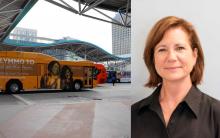 A dual image with an image of buses at the downtown LYNX station, and a headshot of Cathy Matthews to the right