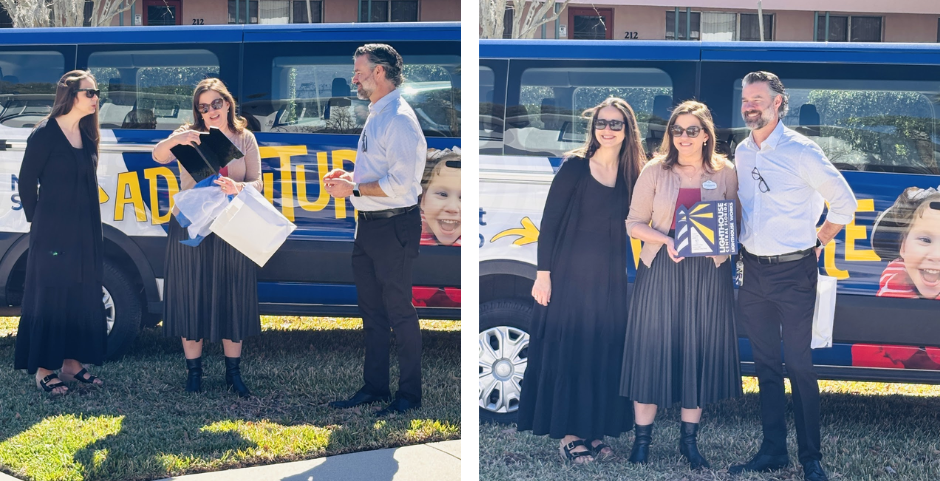 LCF - Blog Main Images - 2026 Two side-by-side photos show three adults standing outdoors in front of a blue van with bold yellow lettering. In the first, a woman holds a gift bag and opens a framed certificate while speaking with a man and another woman. In the second, all three stand close together, smiling at the camera as the certificate is held up.